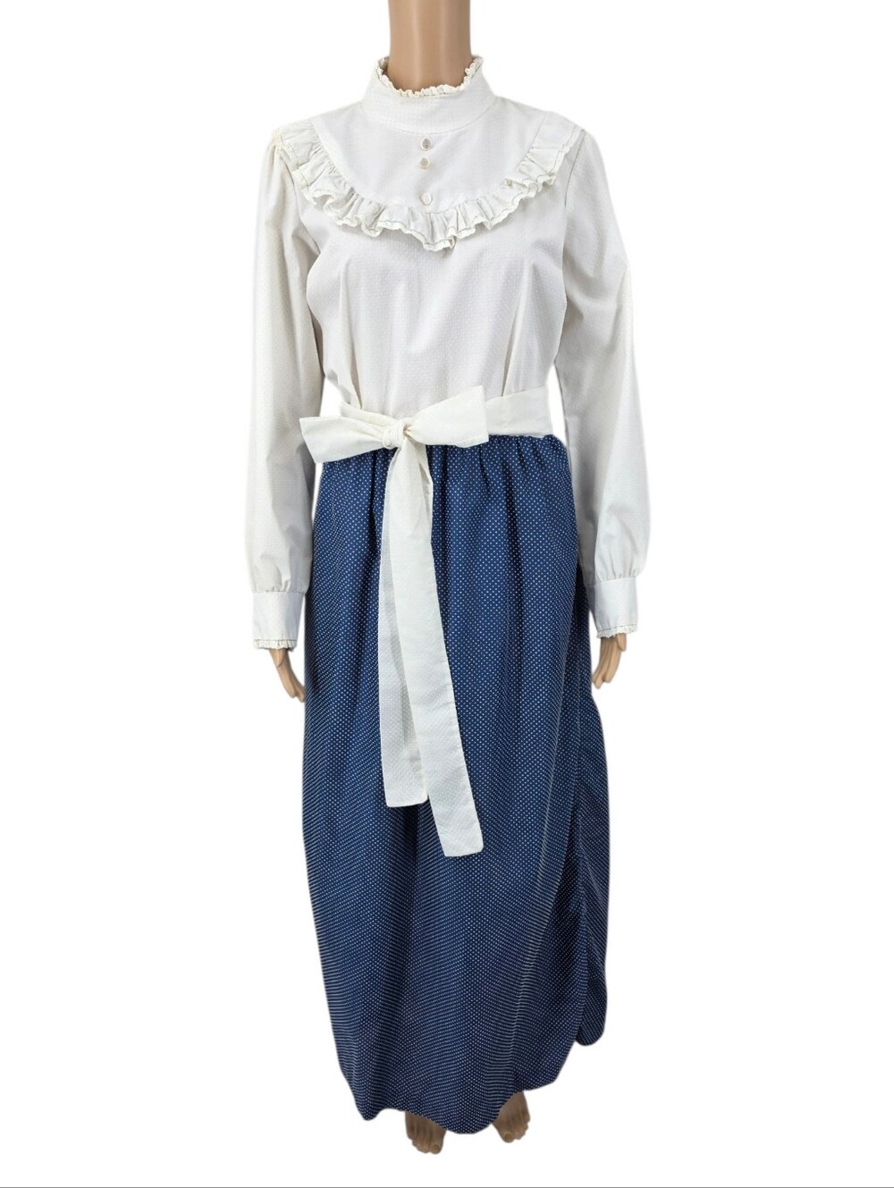 Victorian Edwardian Inspired Prarie Dress Blue White Dot Pattern Vintage 70s